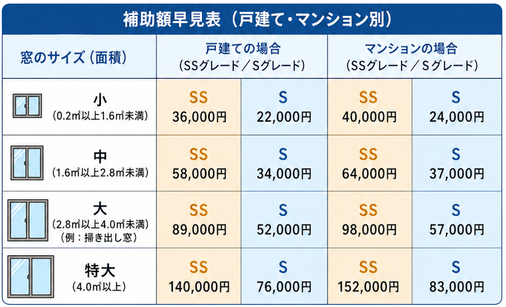 内窓工事 補助金早見表 三郷市対応