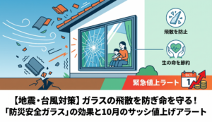 【地震・台風対策】ガラスの飛散を防ぎ命を守る！「防災安全ガラス」の効果と10月のサッシ値上げアラート エスワイエーエー