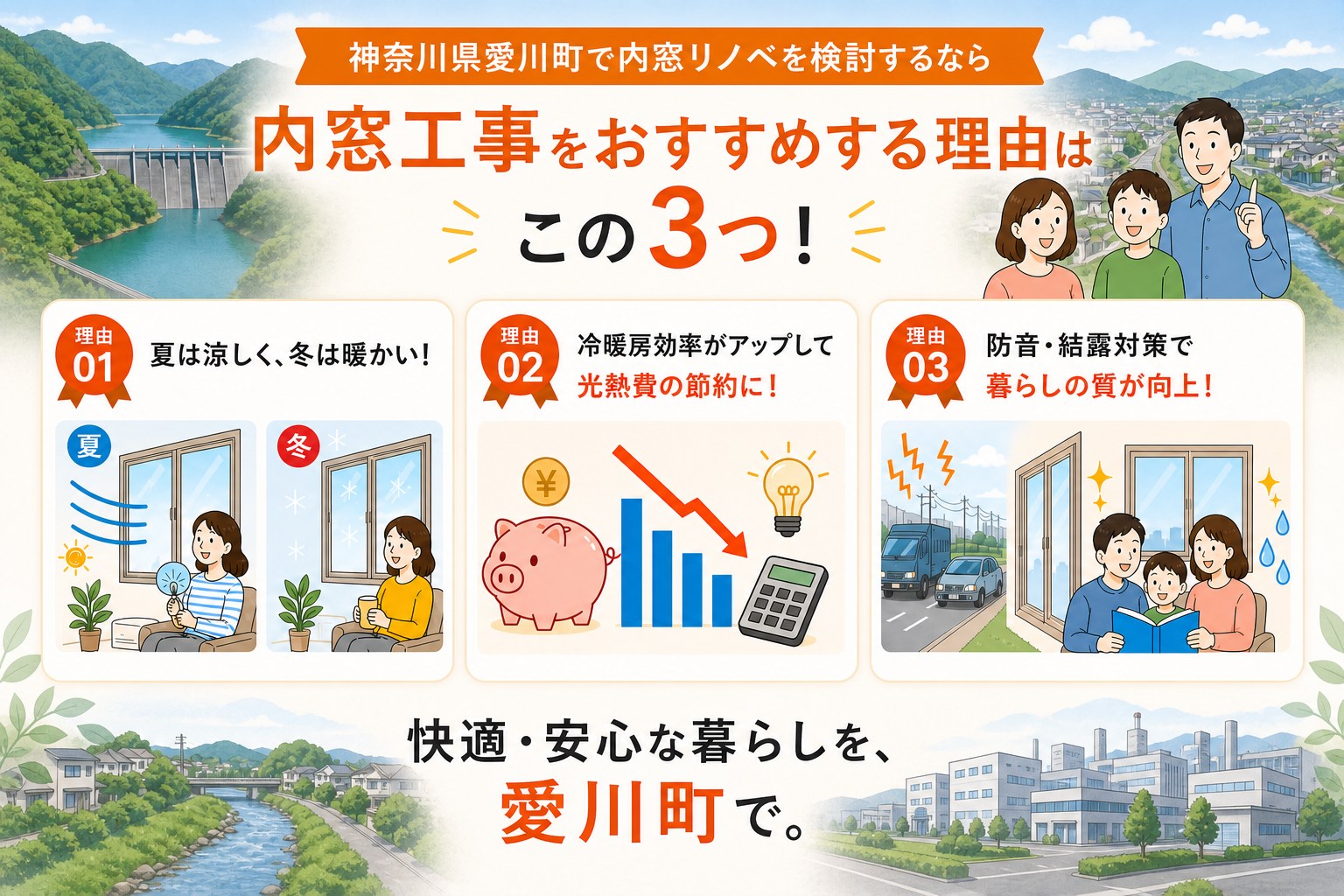 神奈川県愛川町の内窓工事と先進的窓リノベ2026事業の補助金活用イメージ