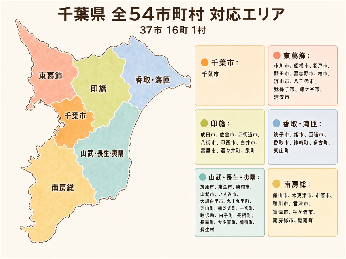 千葉県の内窓工事 対応エリアマップ 37市16町1村の全54市町村に対応