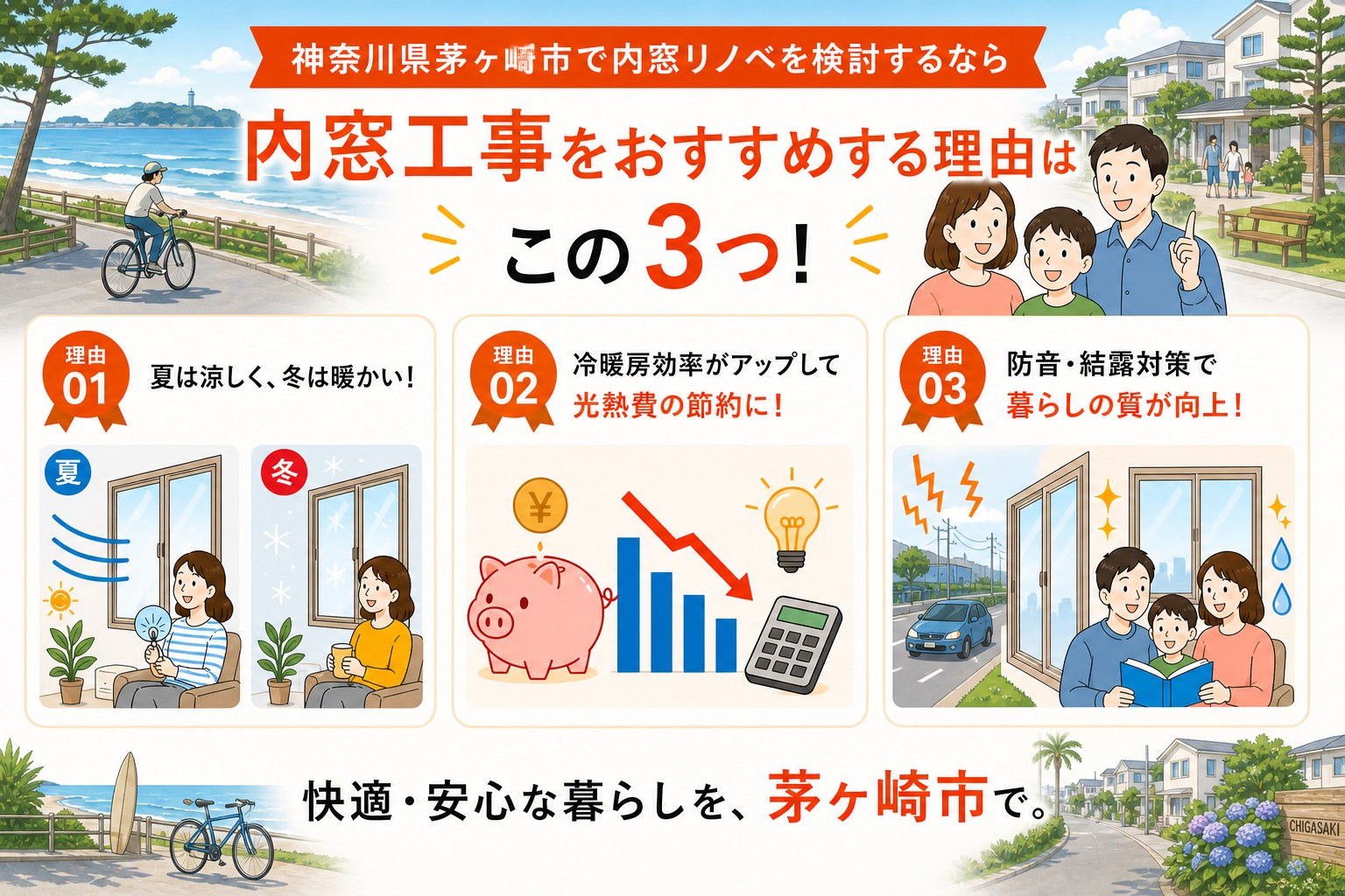 神奈川県茅ヶ崎市の内窓工事と先進的窓リノベ2026事業の補助金活用イメージ