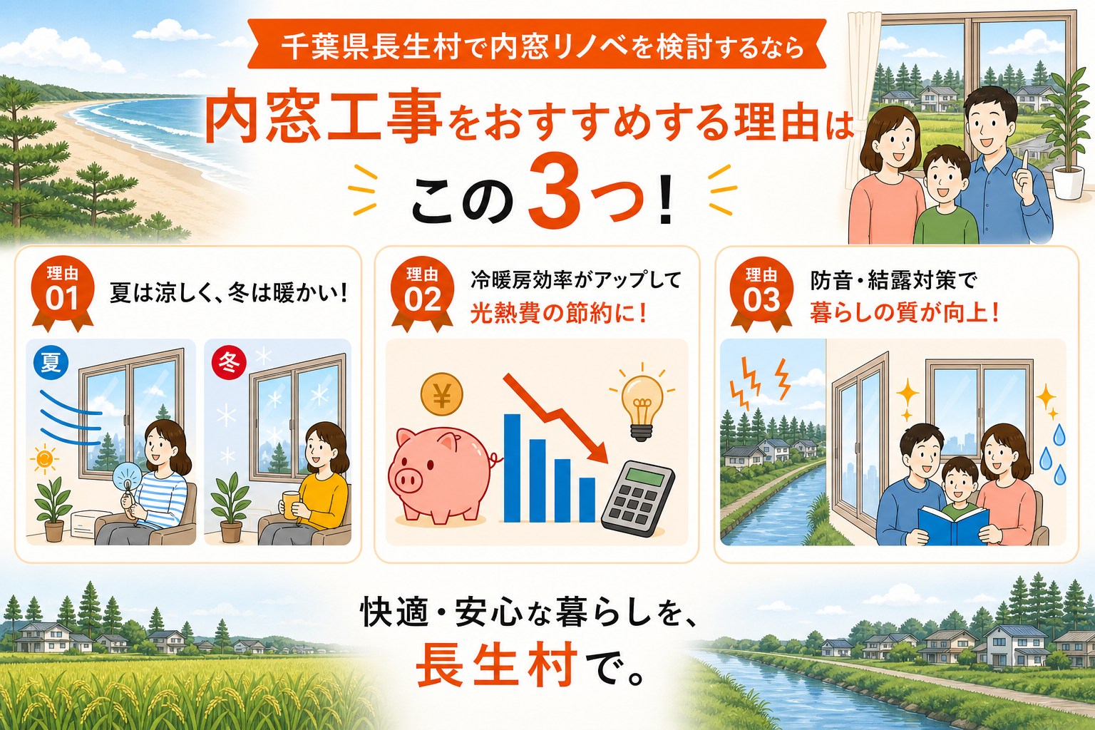 千葉県長生村の内窓工事と先進的窓リノベ2026事業の補助金活用イメージ