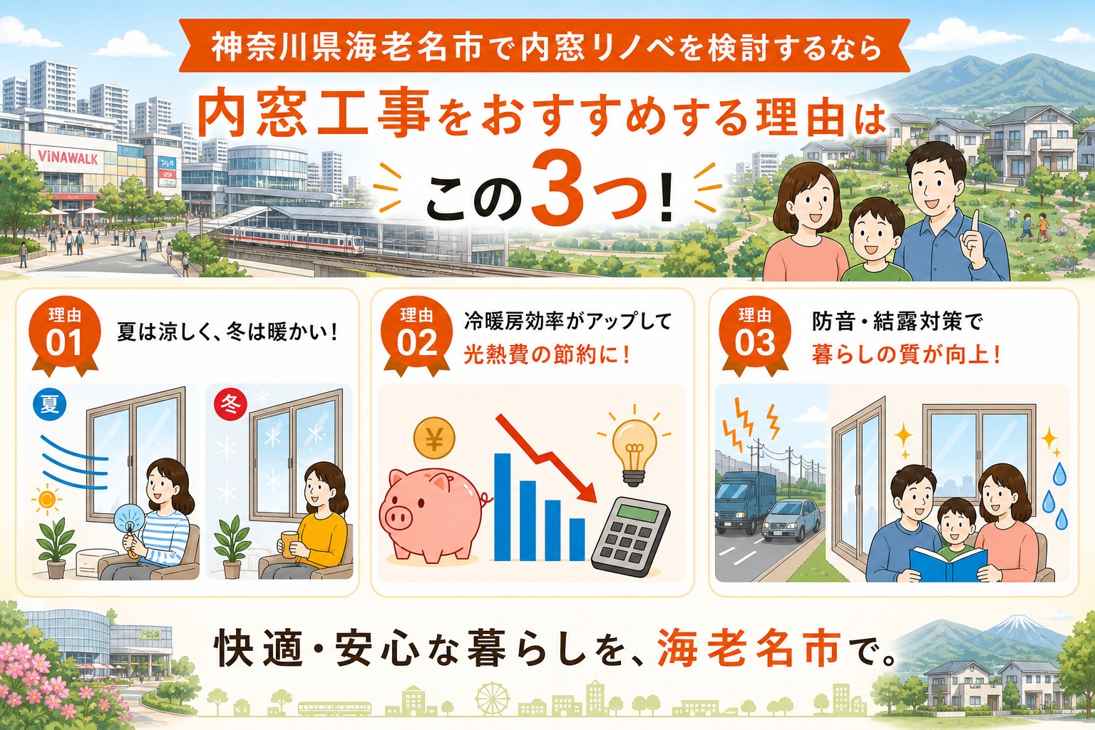 神奈川県海老名市の内窓工事と先進的窓リノベ2026事業の補助金活用イメージ