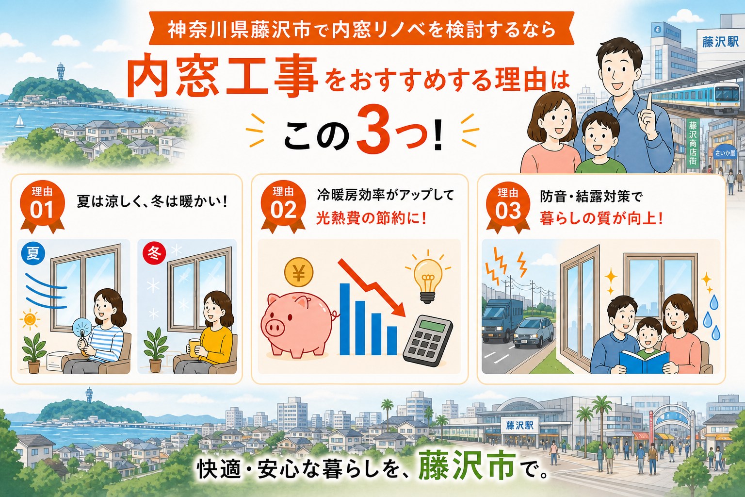 神奈川県藤沢市の内窓工事と先進的窓リノベ2026事業の補助金活用イメージ