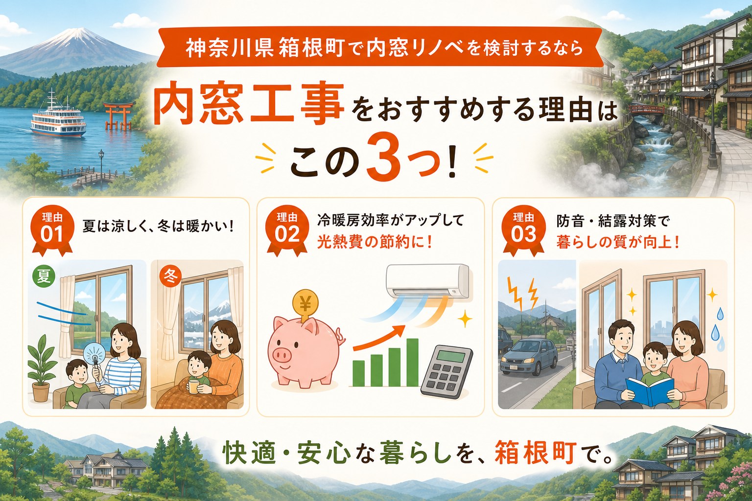 神奈川県箱根町の内窓工事と先進的窓リノベ2026事業の補助金活用イメージ