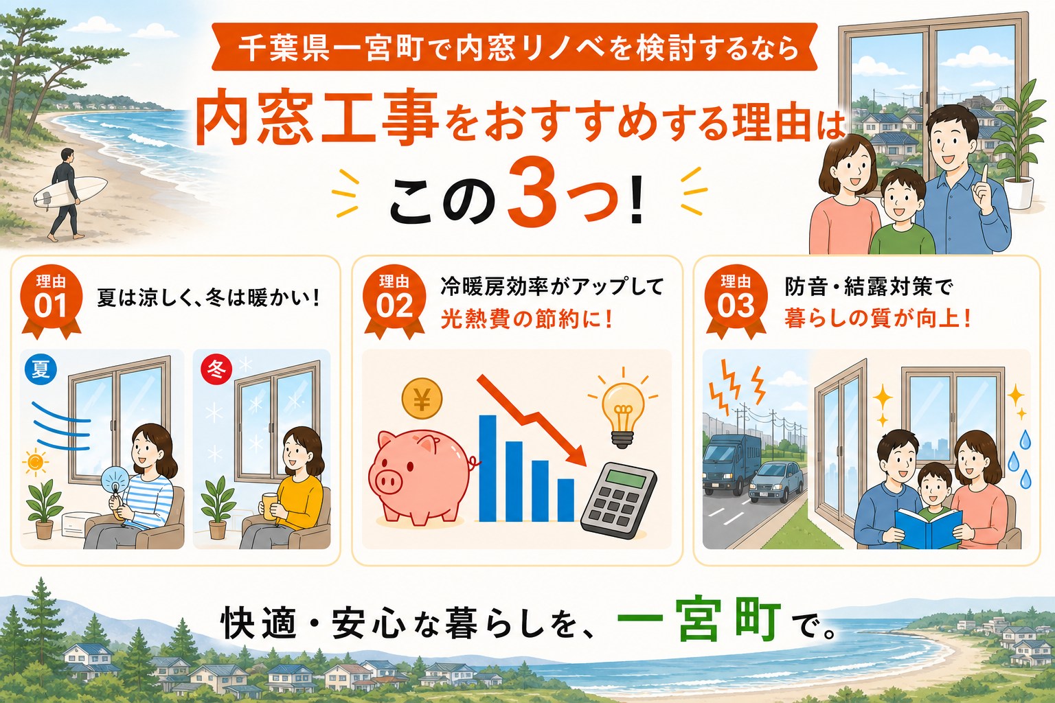 千葉県一宮町の内窓工事と先進的窓リノベ2026事業の補助金活用イメージ