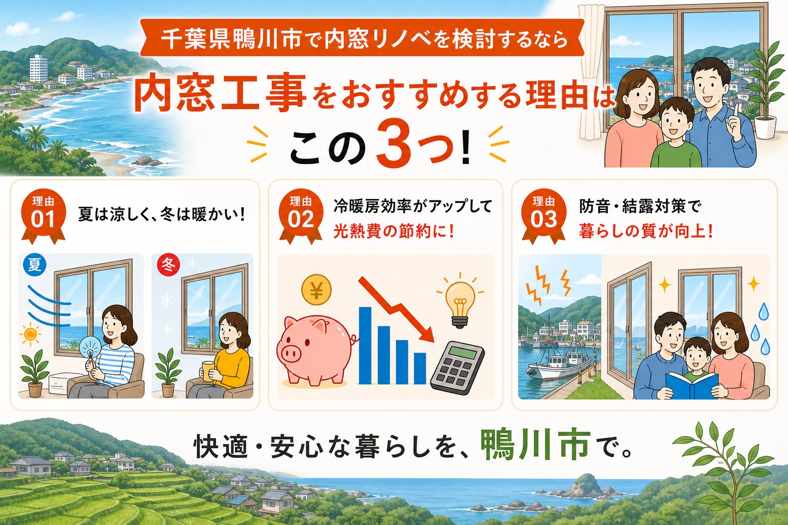 千葉県鴨川市の内窓工事と先進的窓リノベ2026事業の補助金活用イメージ