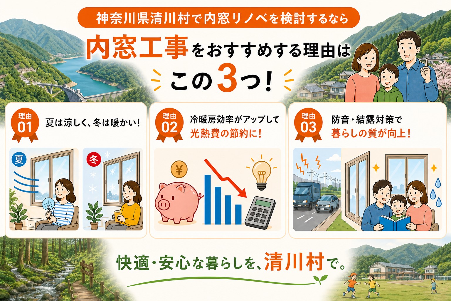 神奈川県清川村の内窓工事と先進的窓リノベ2026事業の補助金活用イメージ