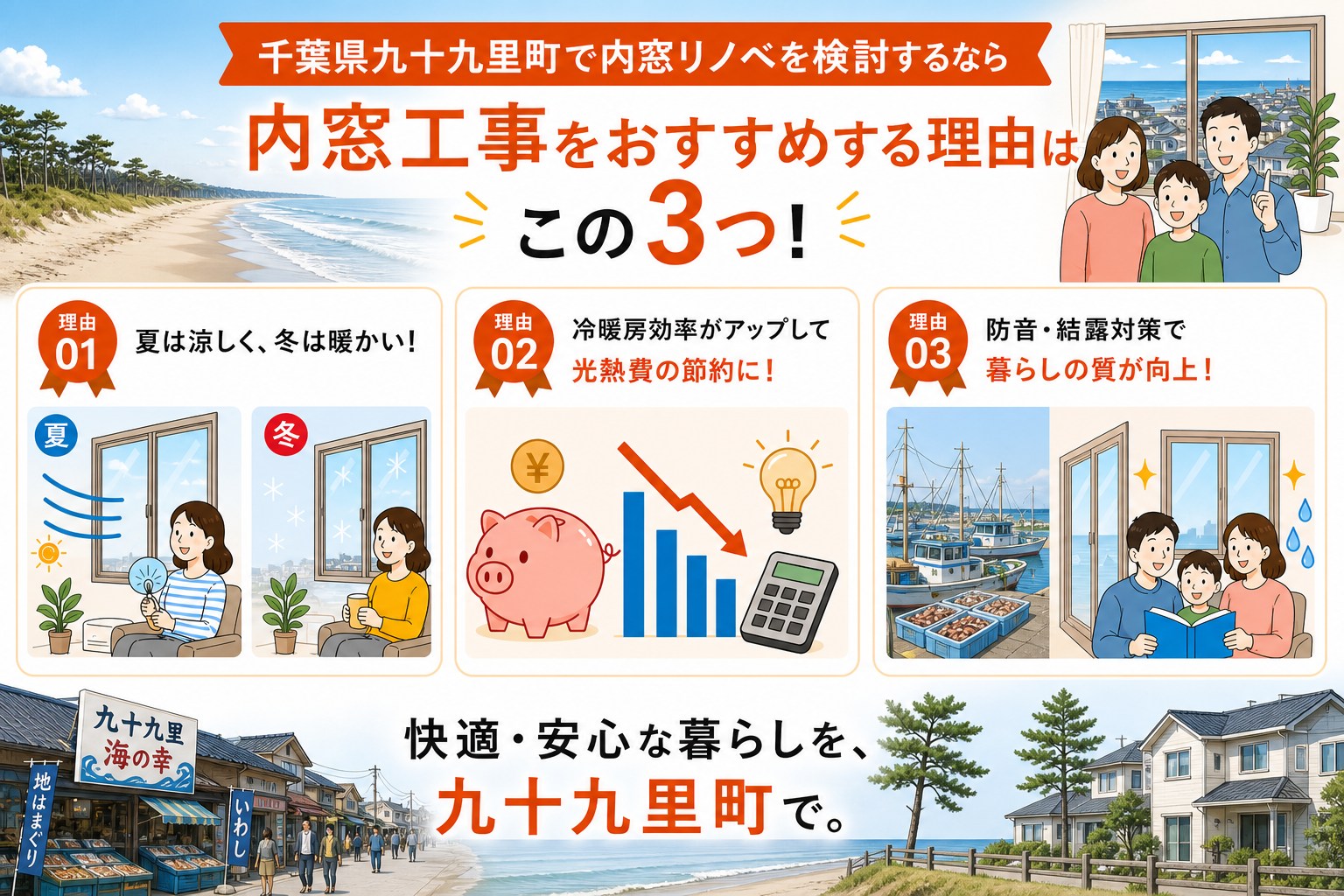 千葉県九十九里町の内窓工事と先進的窓リノベ2026事業の補助金活用イメージ