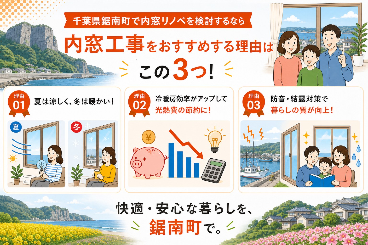 千葉県鋸南町の内窓工事と先進的窓リノベ2026事業の補助金活用イメージ