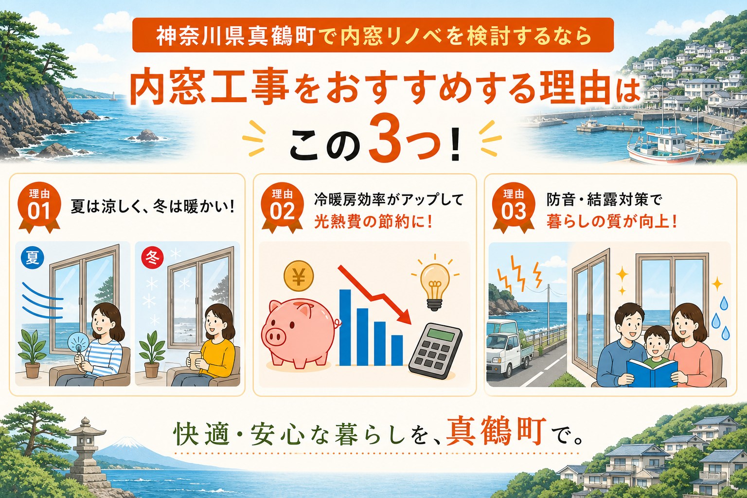 神奈川県真鶴町の内窓工事と先進的窓リノベ2026事業の補助金活用イメージ