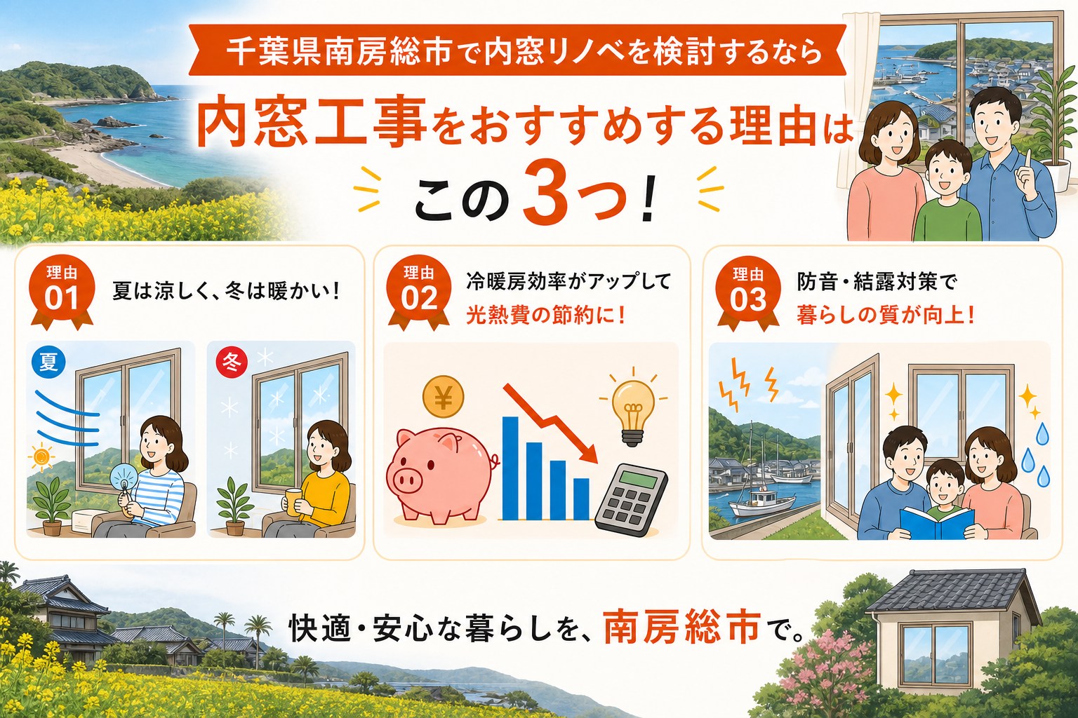 千葉県南房総市の内窓工事と先進的窓リノベ2026事業の補助金活用イメージ