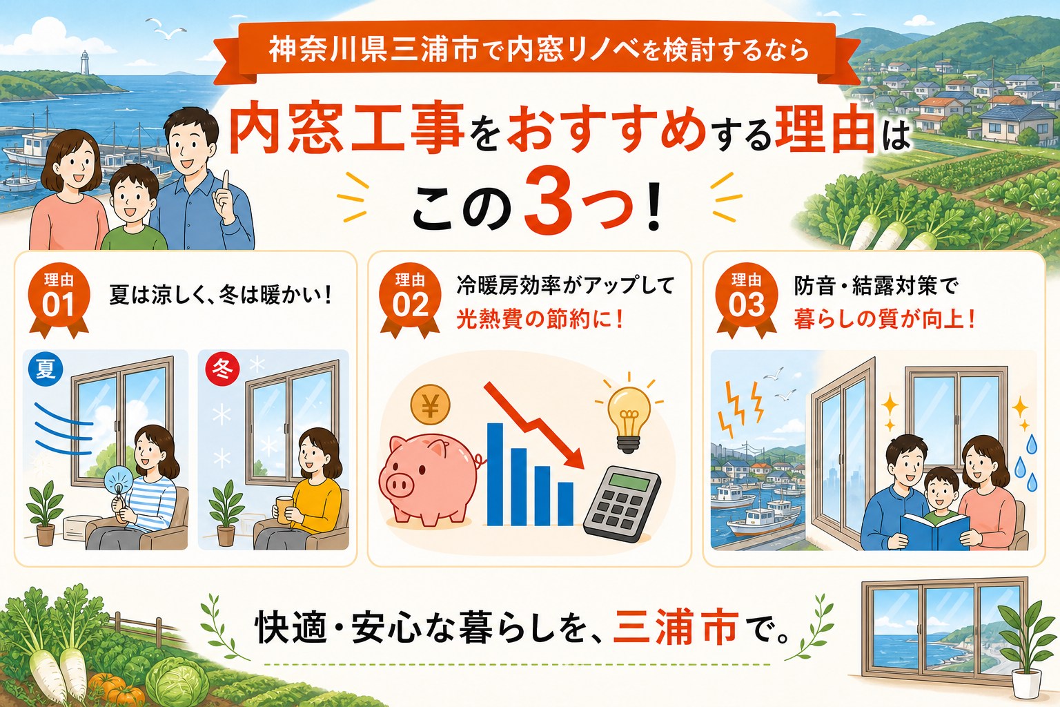 神奈川県三浦市の内窓工事と先進的窓リノベ2026事業の補助金活用イメージ