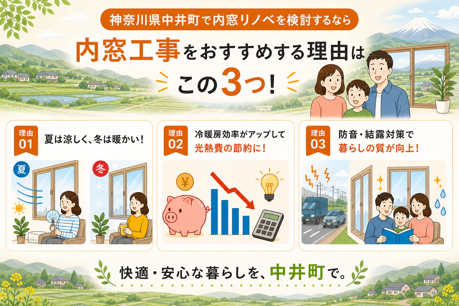 神奈川県中井町の内窓工事と先進的窓リノベ2026事業の補助金活用イメージ