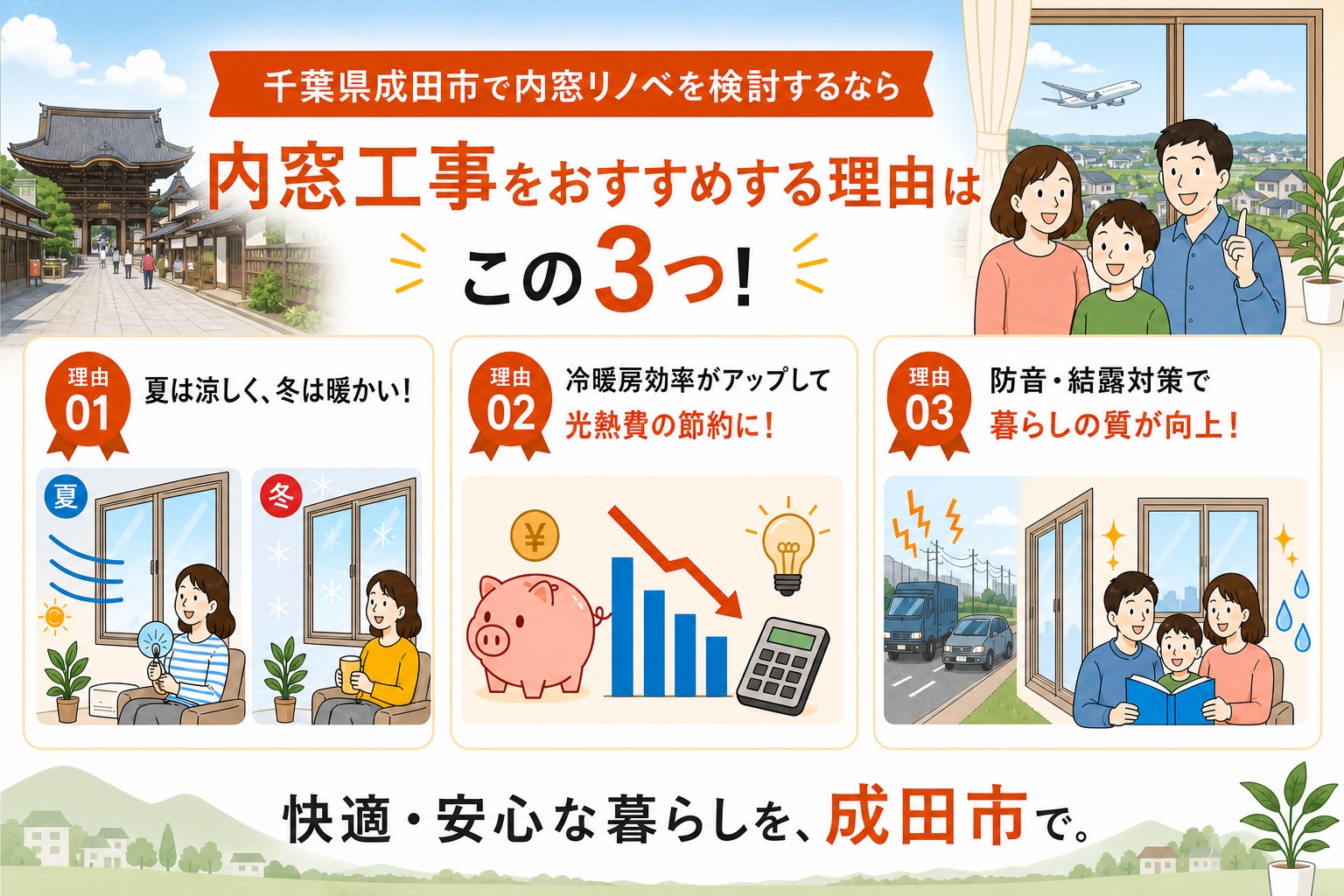 千葉県成田市の内窓工事と先進的窓リノベ2026事業の補助金活用イメージ
