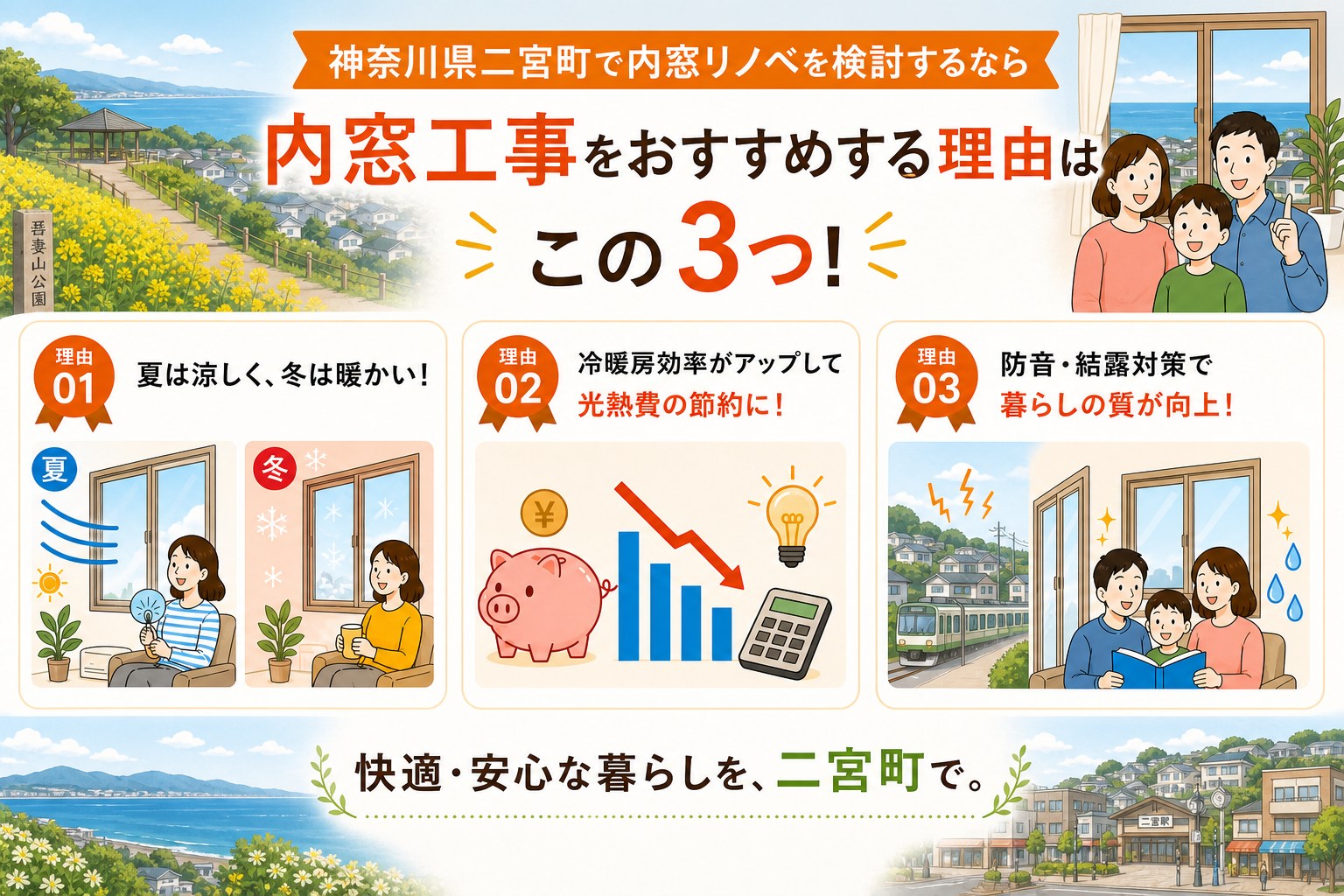 神奈川県二宮町の内窓工事と先進的窓リノベ2026事業の補助金活用イメージ