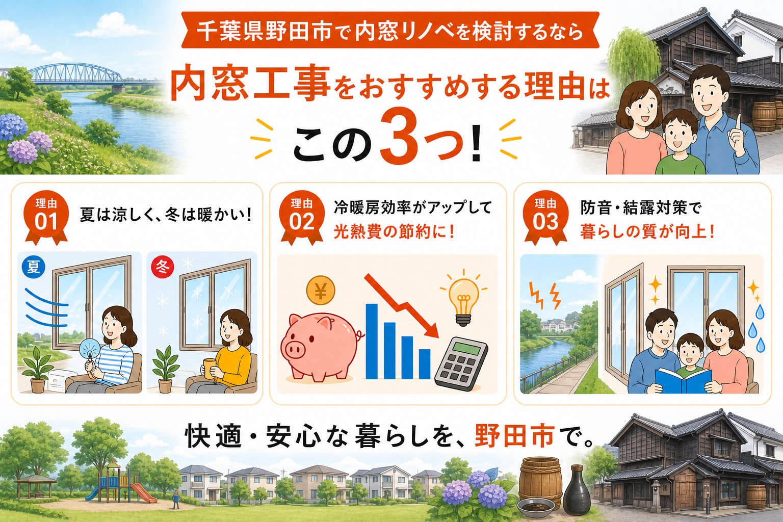 千葉県野田市の内窓工事と先進的窓リノベ2026事業の補助金活用イメージ