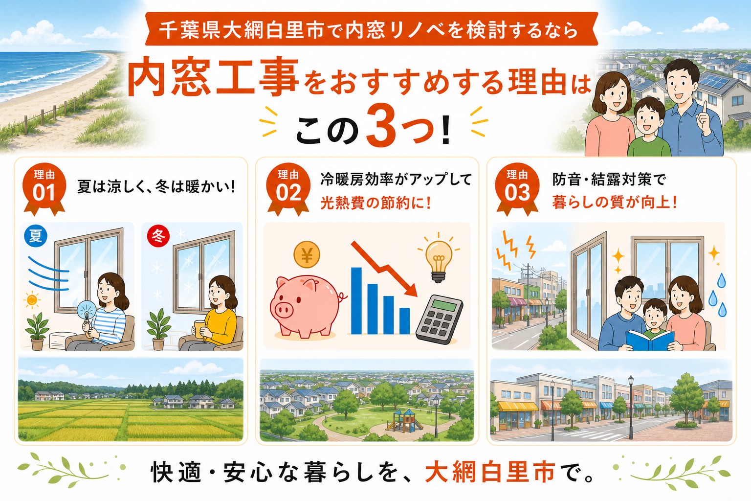千葉県大網白里市の内窓工事と先進的窓リノベ2026事業の補助金活用イメージ