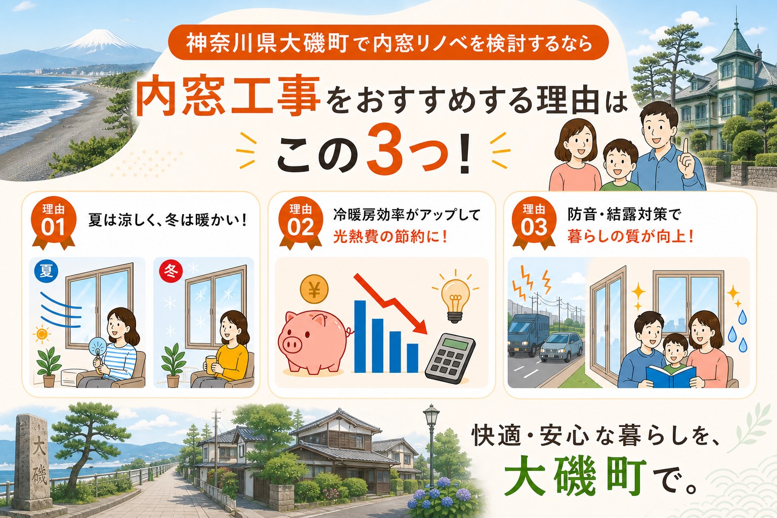 神奈川県大磯町の内窓工事と先進的窓リノベ2026事業の補助金活用イメージ