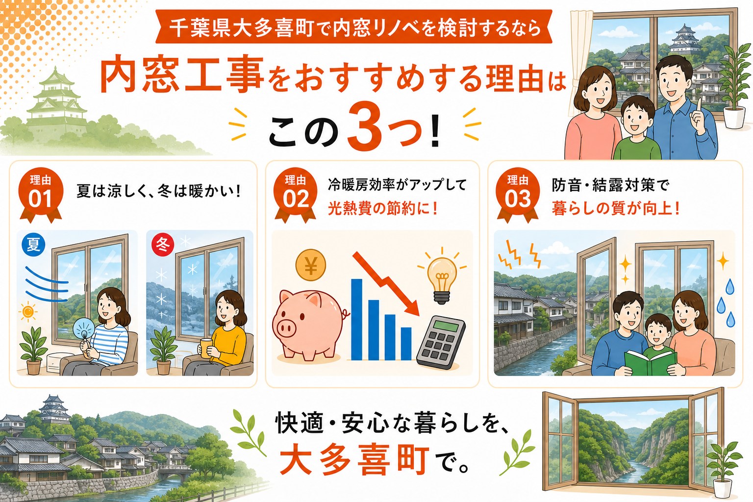 千葉県大多喜町の内窓工事と先進的窓リノベ2026事業の補助金活用イメージ