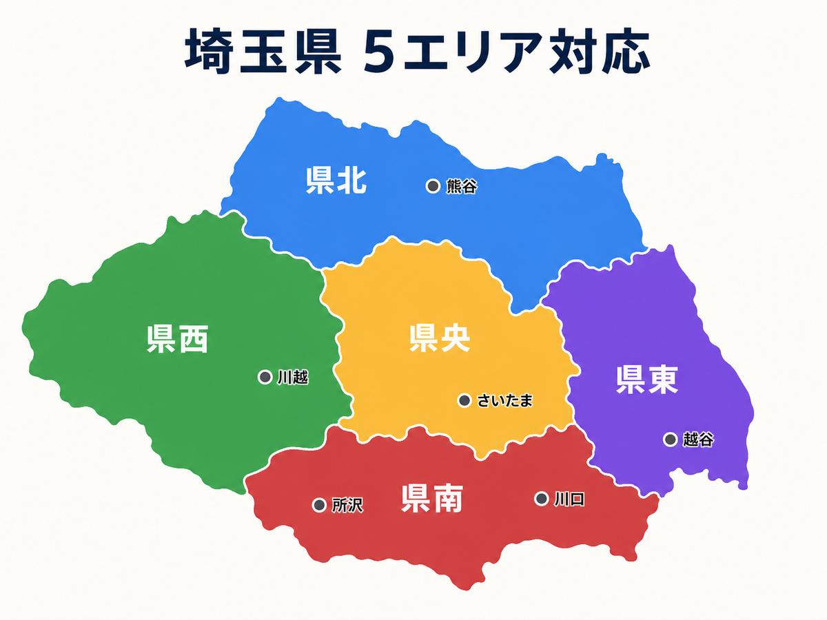 埼玉県 5エリア対応マップ 県北・県西・県央・県南・県東の全34市に対応