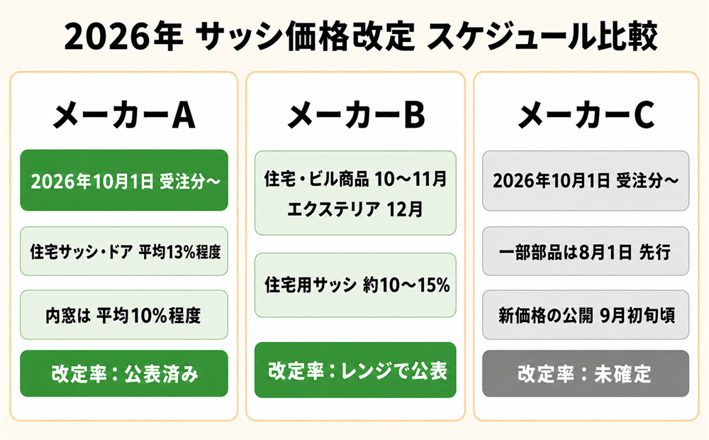2026年サッシ価格改定スケジュール比較 メーカー3社の実施時期と改定率 内窓は平均10%程度