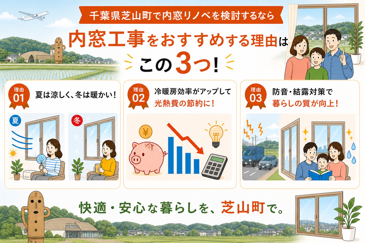 千葉県芝山町の内窓工事と先進的窓リノベ2026事業の補助金活用イメージ