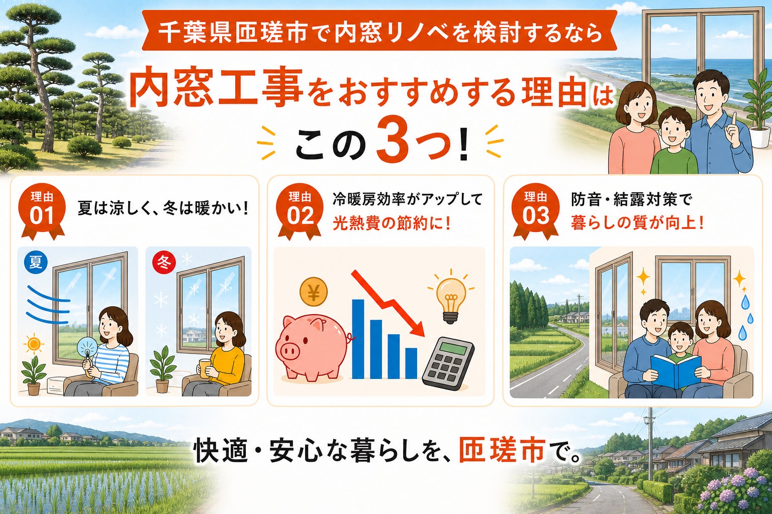 千葉県匝瑳市の内窓工事と先進的窓リノベ2026事業の補助金活用イメージ