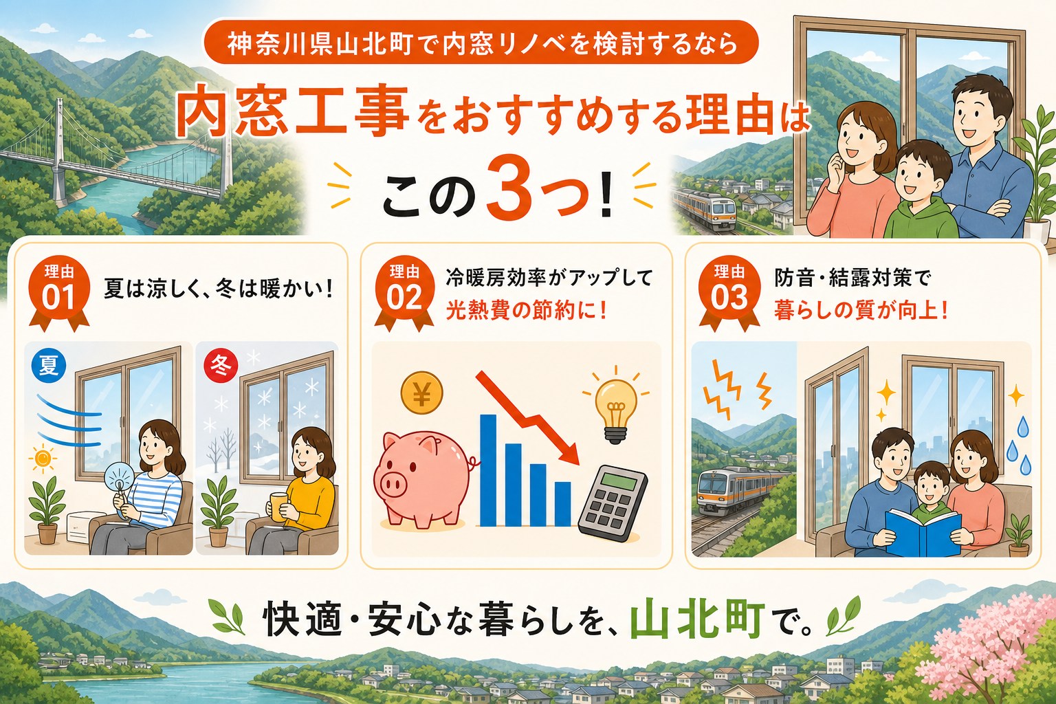 神奈川県山北町の内窓工事と先進的窓リノベ2026事業の補助金活用イメージ