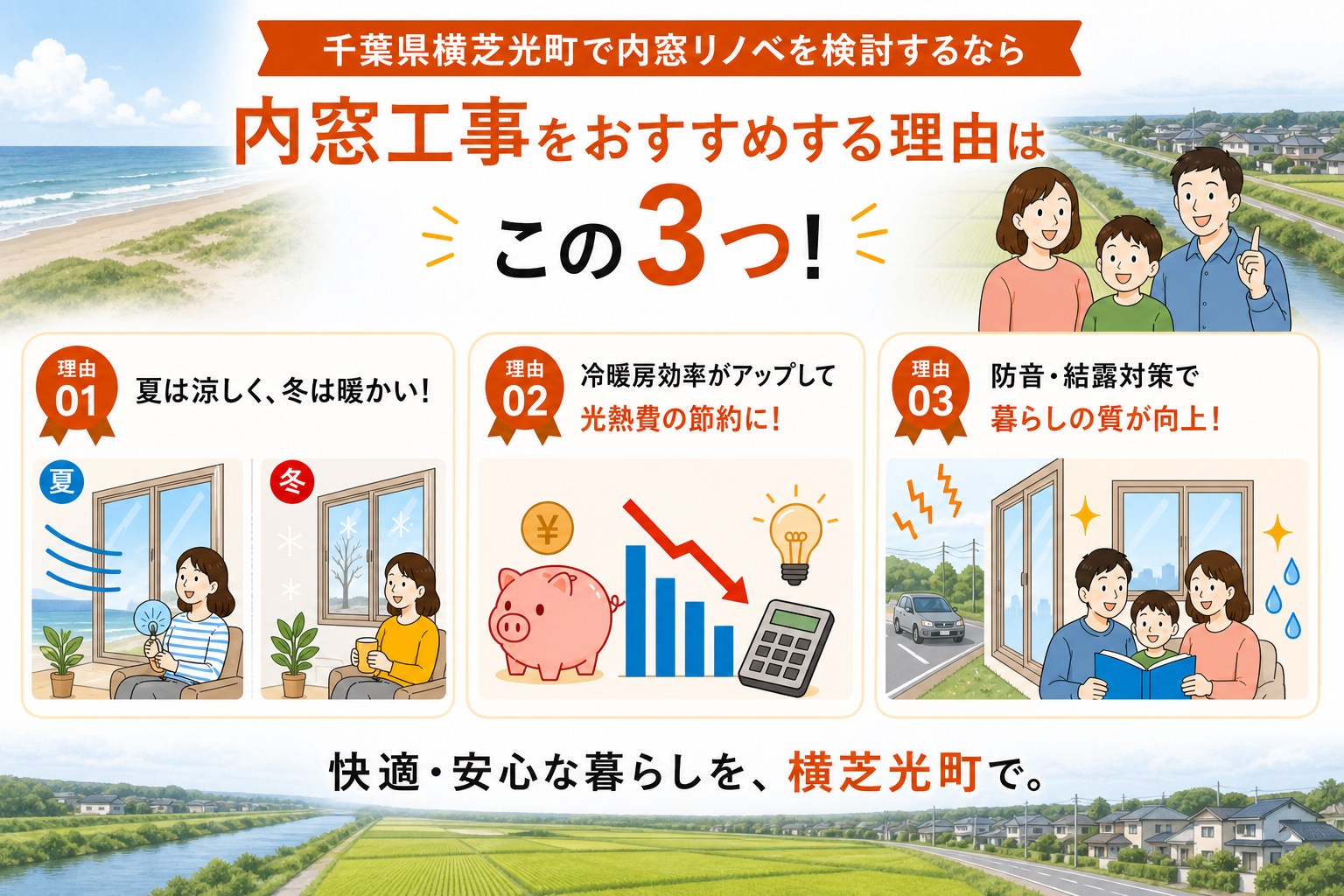 千葉県横芝光町の内窓工事と先進的窓リノベ2026事業の補助金活用イメージ
