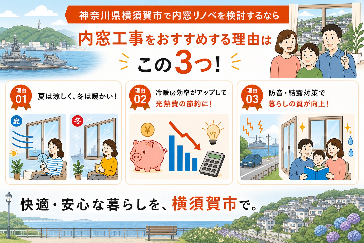 神奈川県横須賀市の内窓工事と先進的窓リノベ2026事業の補助金活用イメージ