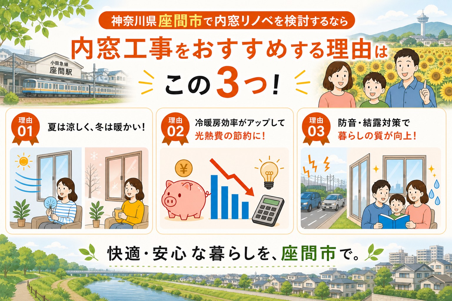 神奈川県座間市の内窓工事と先進的窓リノベ2026事業の補助金活用イメージ