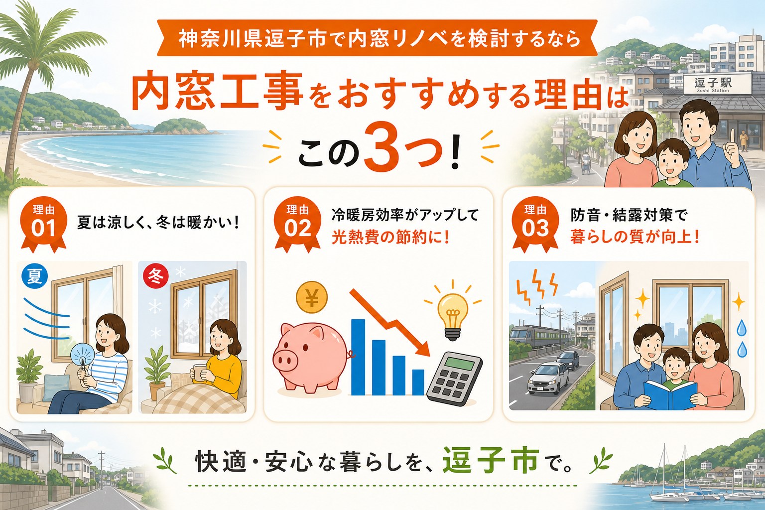 神奈川県逗子市の内窓工事と先進的窓リノベ2026事業の補助金活用イメージ