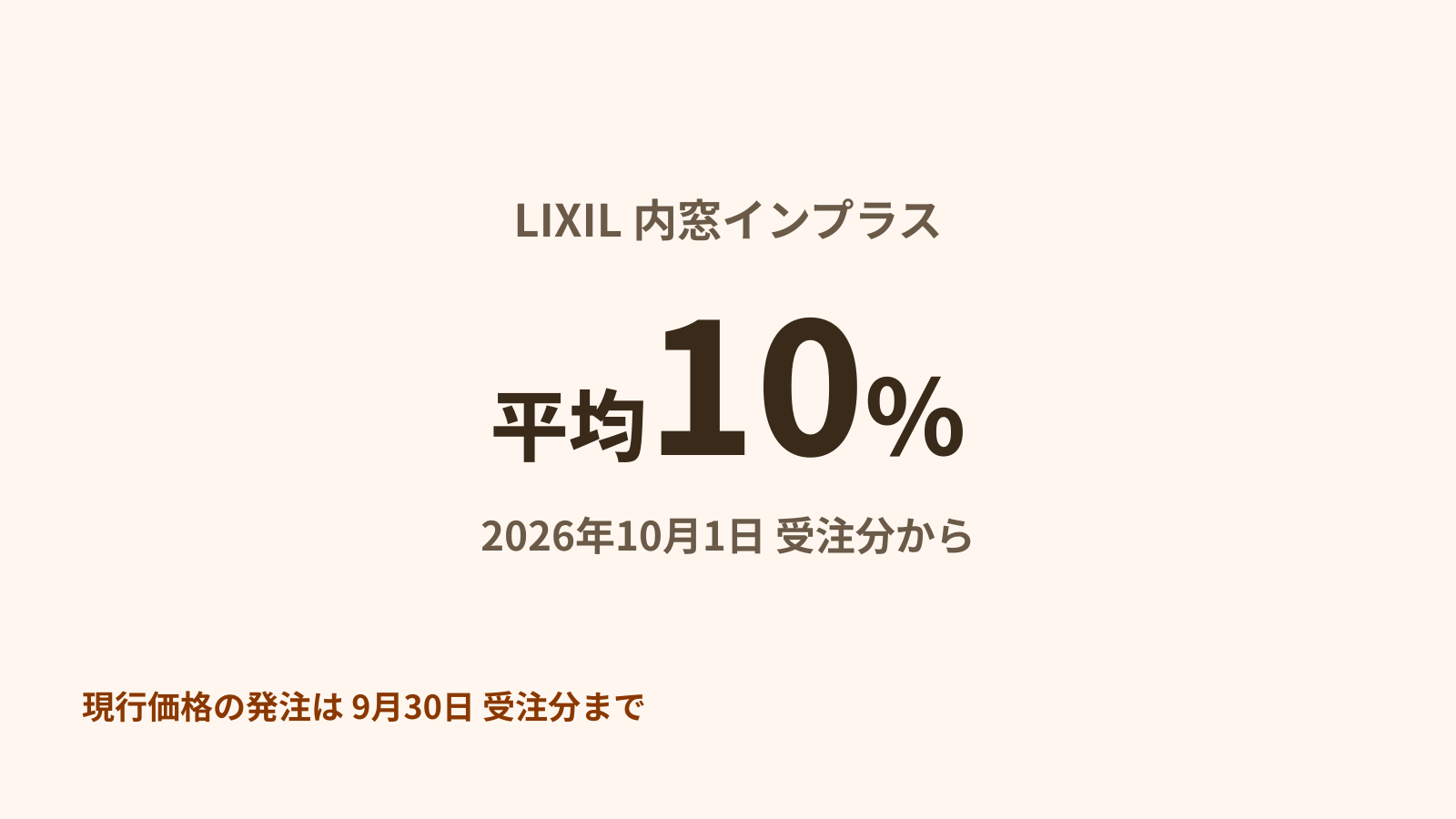 LIXILの内窓インプラスは2026年10月1日受注分から平均10%の改定。現行価格の発注は9月30日受注分まで。
