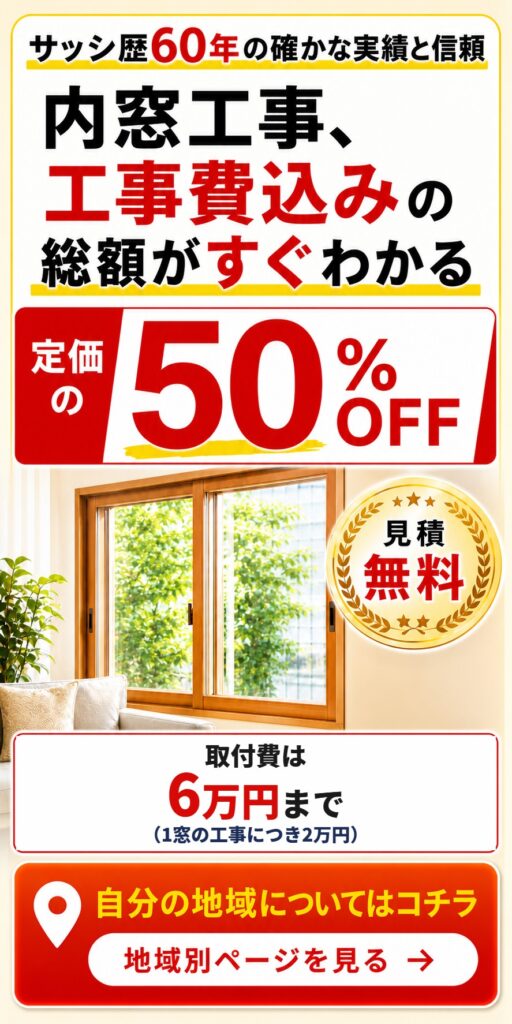 内窓工事の工事費込み総額が定価の50%OFF｜見積無料・取付費は6万円まで（1窓の工事につき2万円）｜サッシ歴60年のサッシ屋専門店