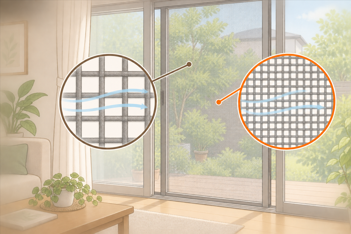 掃き出し窓の網戸を拡大し、粗い網目と細かいメッシュを比べた図。細かい網目でも風は通る