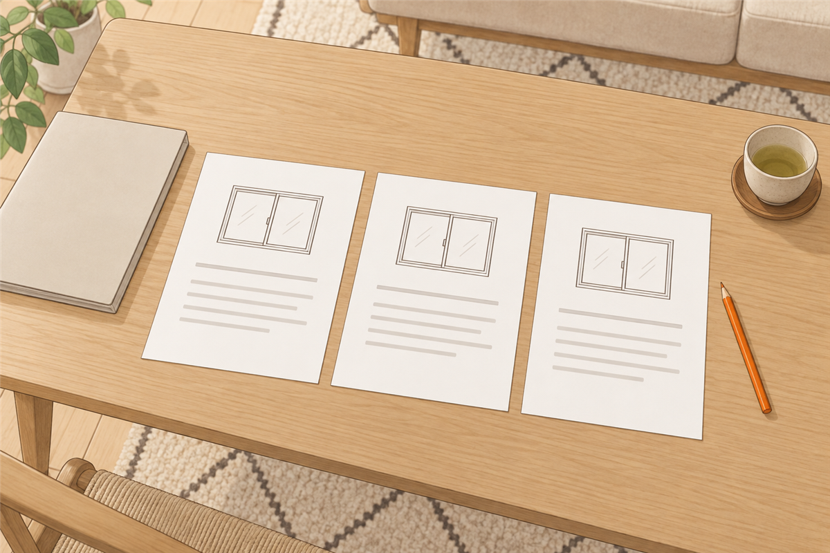 同じ窓の図を載せた見積書を横に並べ、条件をそろえて相見積もりを比べる机の上