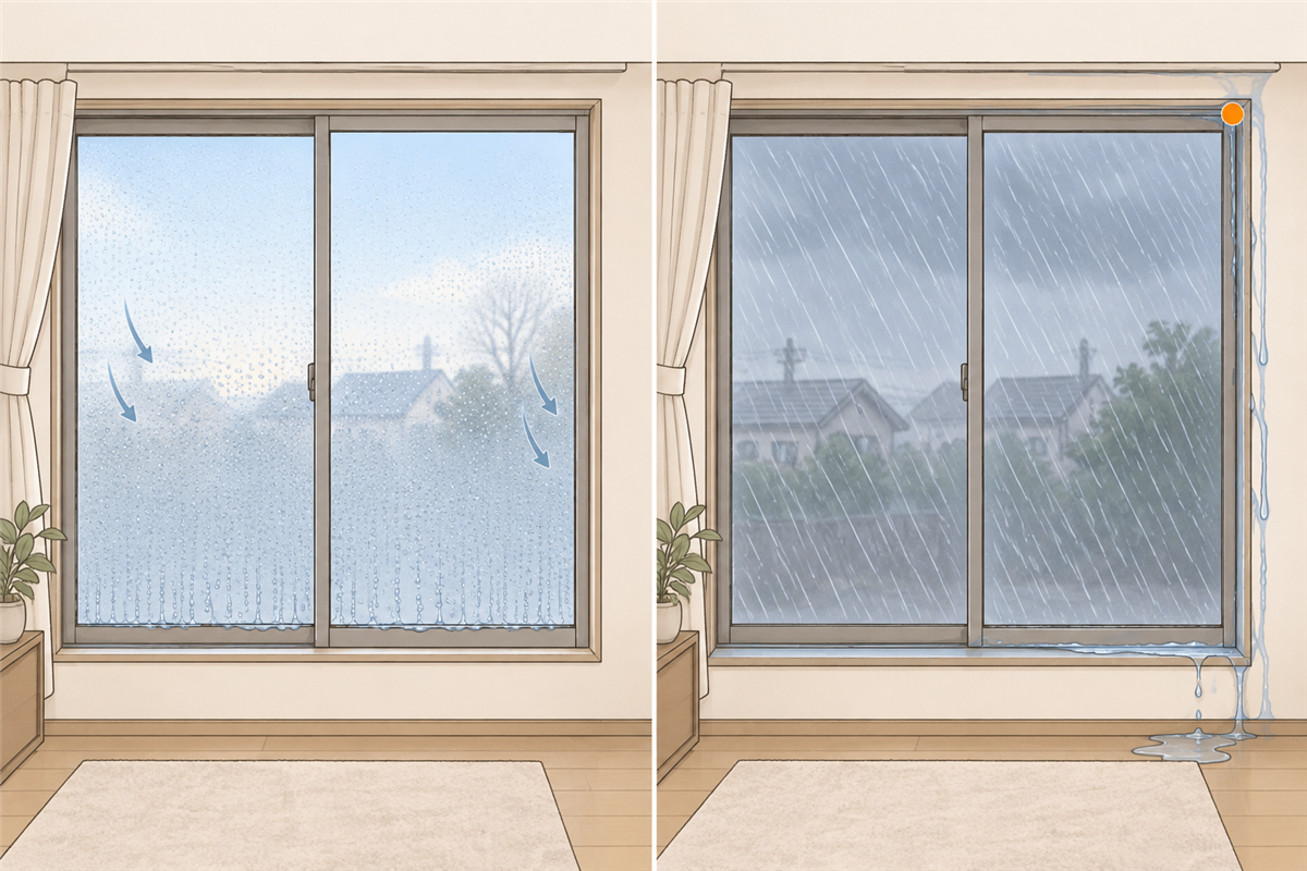 ガラス一面に水滴が付いた結露と、雨の日に窓枠の角から水が伝って床を濡らす雨漏りの比較