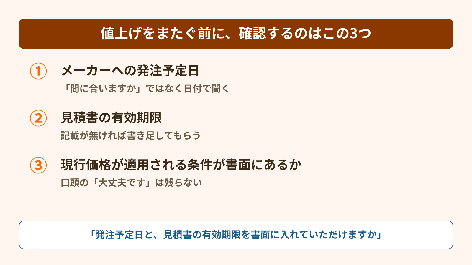 値上げをまたぐ前に確認する3点。メーカーへの発注予定日、見積書の有効期限、現行価格の適用条件が書面にあるか