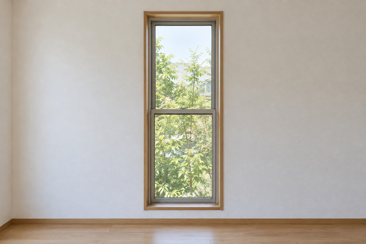 白い壁の部屋にある縦長の上げ下げ窓を正面から撮った写真で、窓全体とまわりの壁・巾木・床の端まで1枚に収まっている。