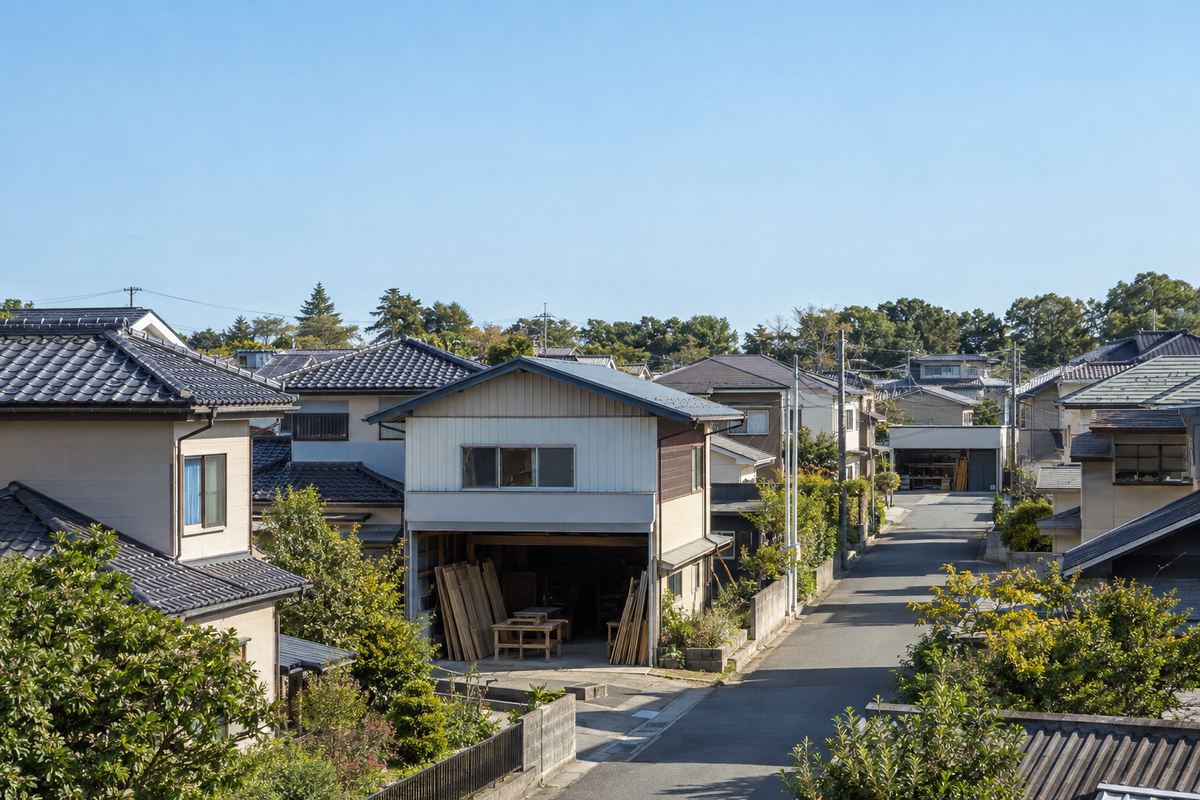 住宅地の中にある小さな工務店の作業場と、奥に見える別の店舗の街並み(イメージ)