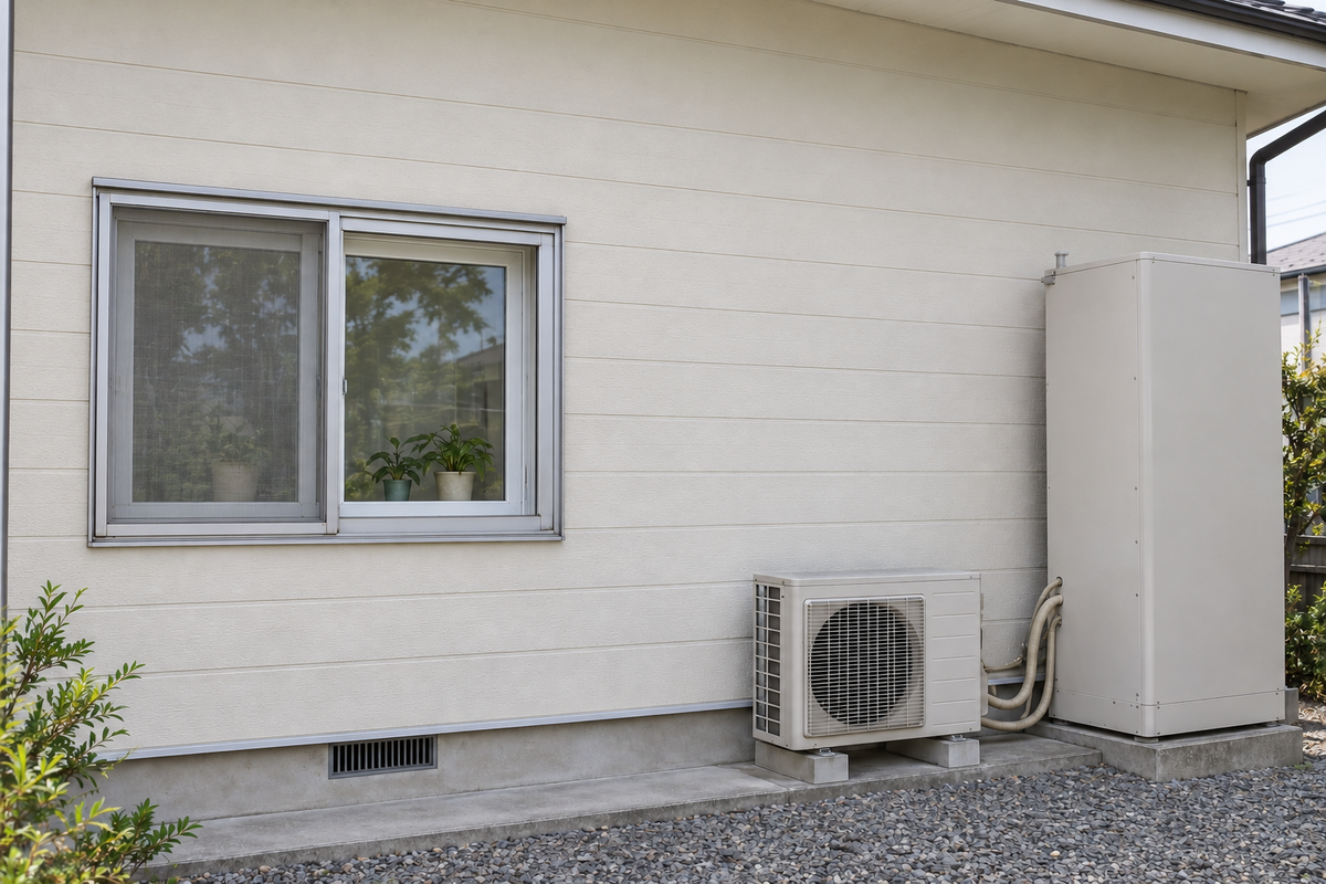 住宅の外壁に並ぶ内窓付きの窓と、ヒートポンプ式給湯器の貯湯タンク・室外機（イメージ）
