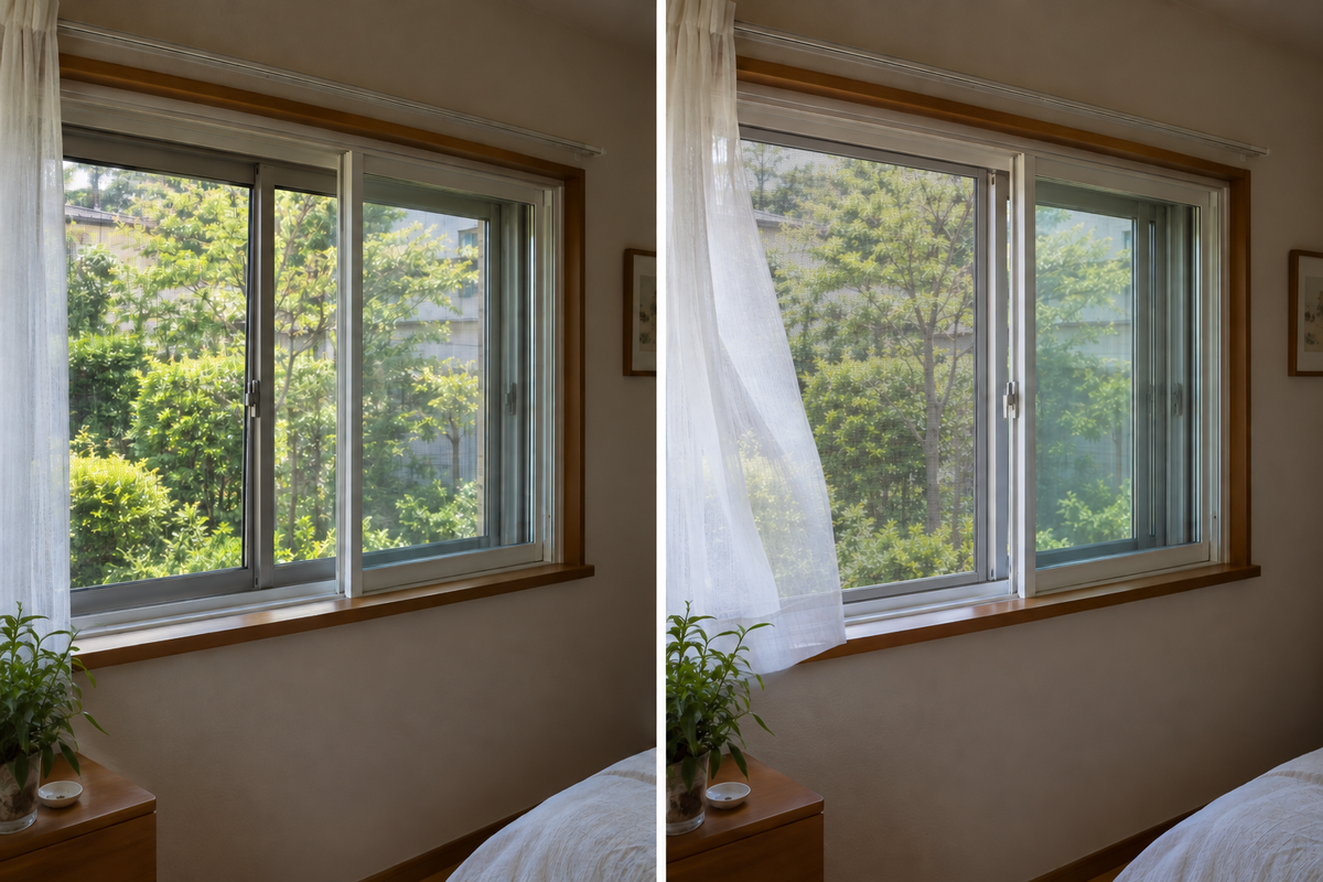 内窓だけを開けた窓と、内窓と既存の窓を両方開けて網戸越しに風が入る窓を並べた写真（イメージ）